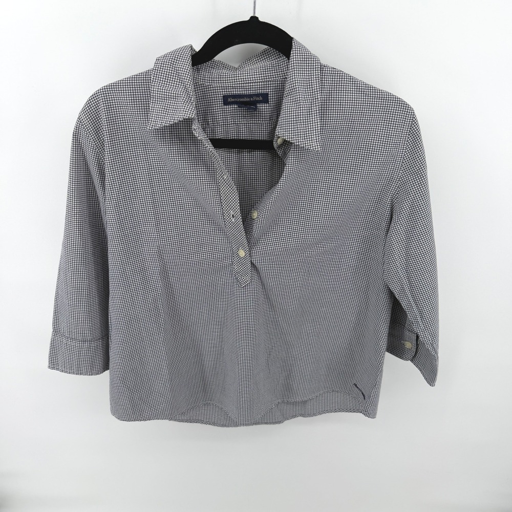 Abercrombie & Fitch Blouse Gingham Check M Navy Blue Womens Preppy Cotton Top